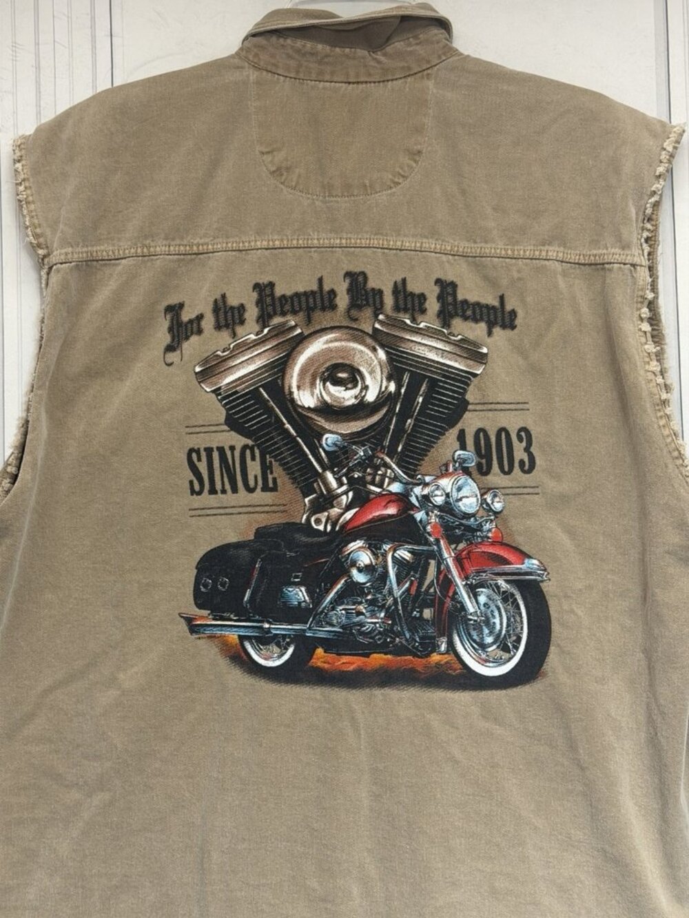 Vintage BIKER DESIGN Khaki Distressed Vest Shirt Mens L Bike Motorcycle Graphic